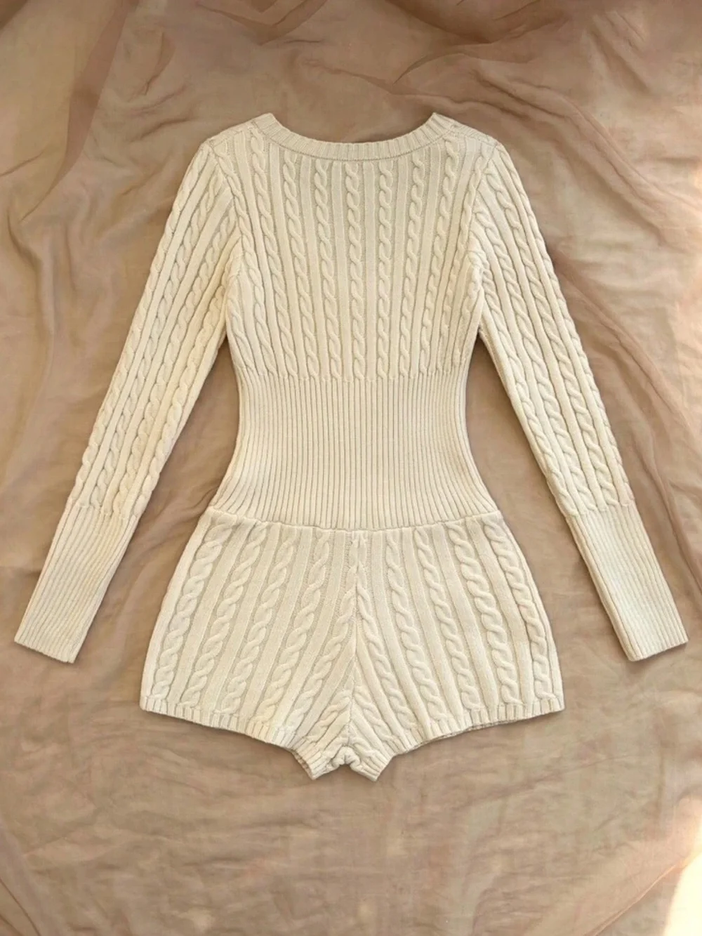 Cream Cable Knit V-Neck Romper